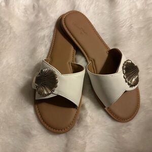 White Sandals with Gold shell Accents